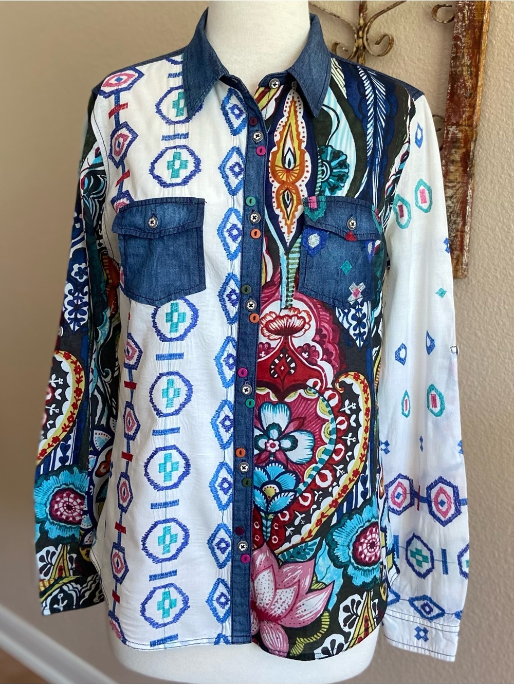 Shirt - Desigual - Button Down - Vibrant Patchwork Design - Western Styling